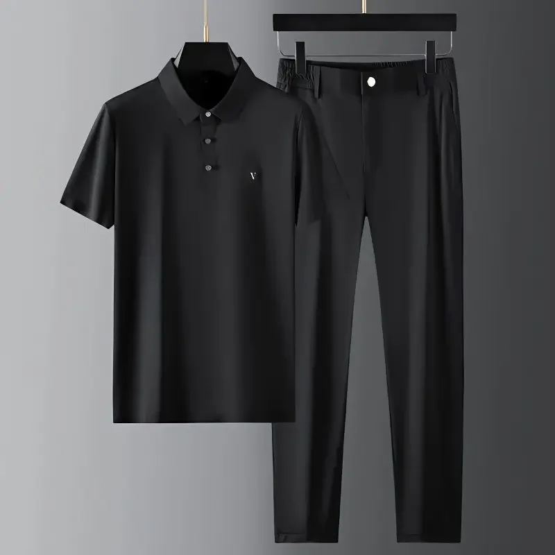 Summer Business Set Men's Thin Breathable Button Collar Polo Shirt Short Sleeve Versatile Straight Pants Two Piece Set