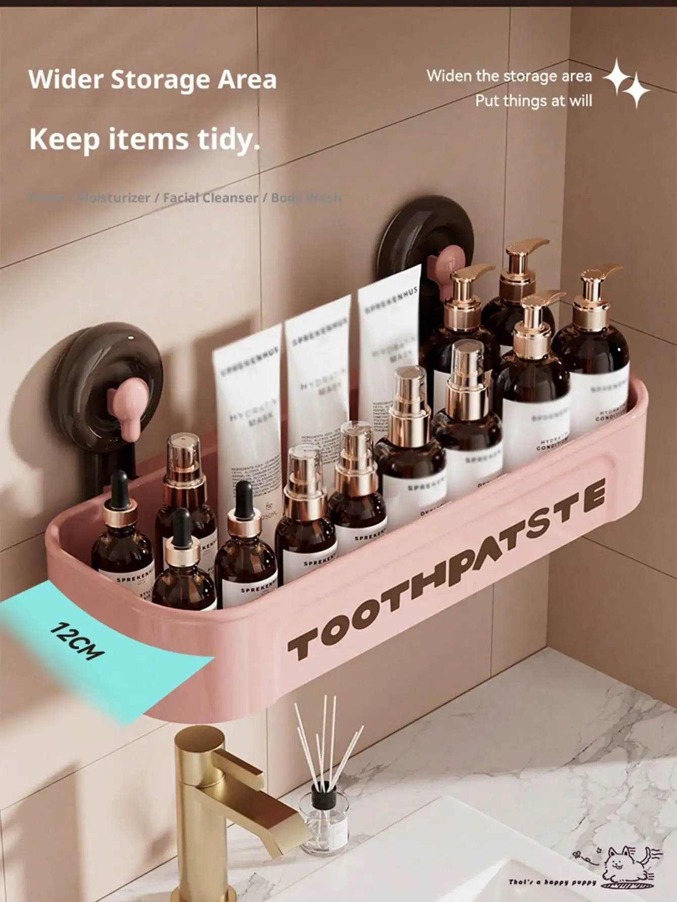 

Suction Cup Storage Rack, No-Drill, Wall-Mounted for Bathroom/Toilet Washbasin