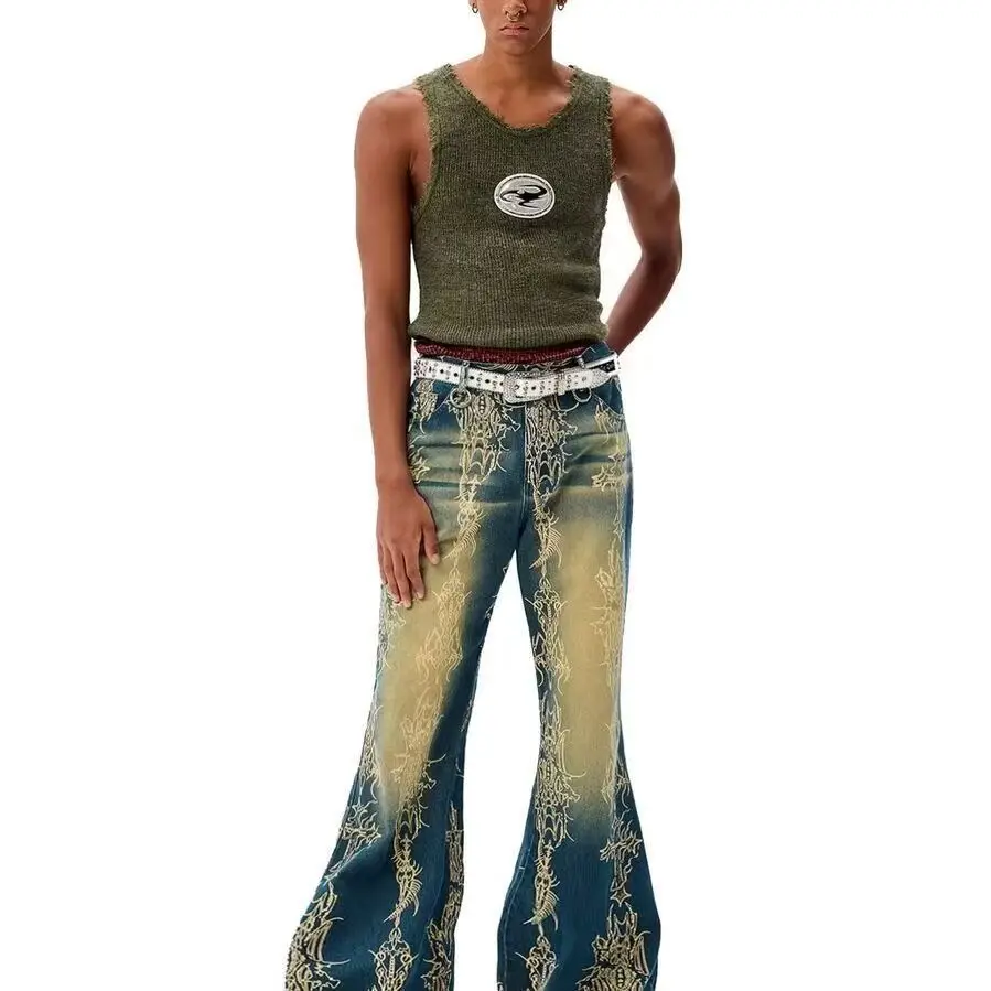 

Retro High Street Vintage Tattoo Micro Flared Jeans Men Women Straight Leg Long Pants Loose Fit Cotton Stretch Denim Waist