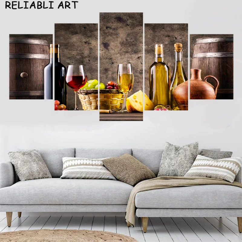 Wine Glass Barrel Fruit Food Poster and Prints Canvas Painting 5 Panels Wall Art Pictures For Living Home Room Decor No Frame