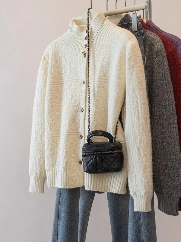 

Soft Knitted Long Sve Sweater Coat Women's Autumn Winter plus Size Casual Sle Bright Tead Detail Stand Collar Top