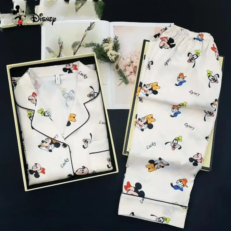 

Новый женский пижамный комплект из ледяного шелка с длинными рукавами Kawaii, женский элитный кардиган, брюки, домашняя одежда, модные топы из двух предметов