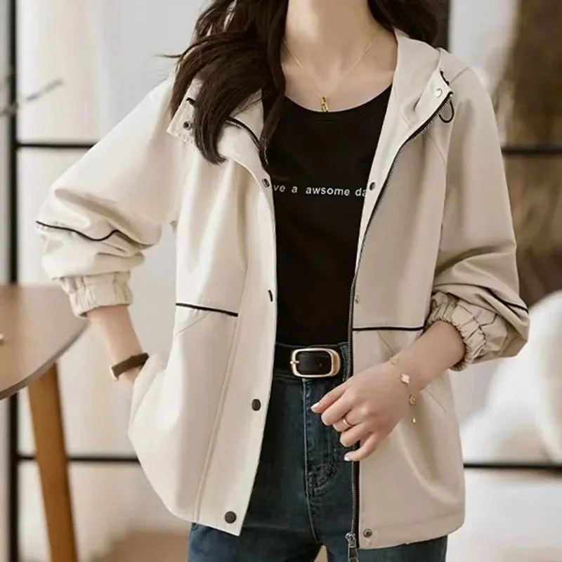 Female Student Windbreaker Top Coat Spring Autumn Women Loose Fitting Hooded Charge Jacket Korean Ladies Thin Style Outwear