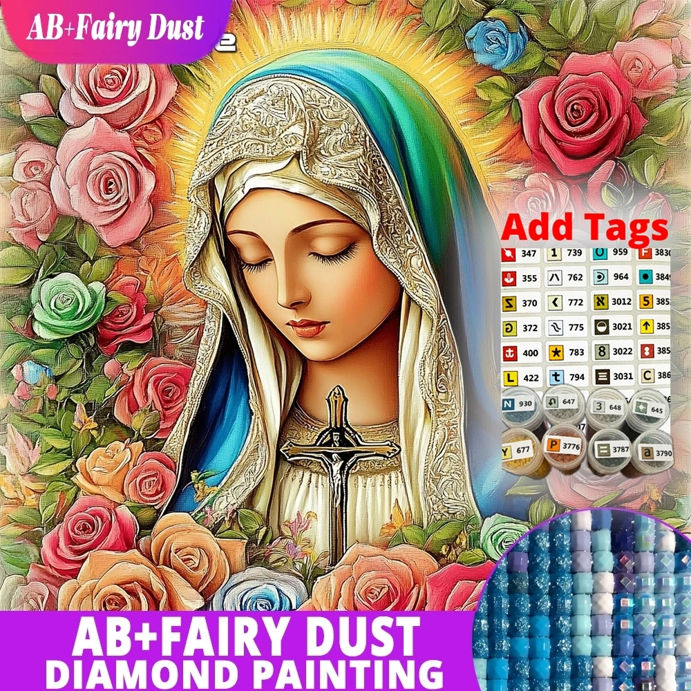 Broderie Diamant DIY Effet Poussière de Fée AB, Mosaïque Religieuse Vierge Marie sur Toile Velours, Strass, Peinture Complète Carrée ou Ronde