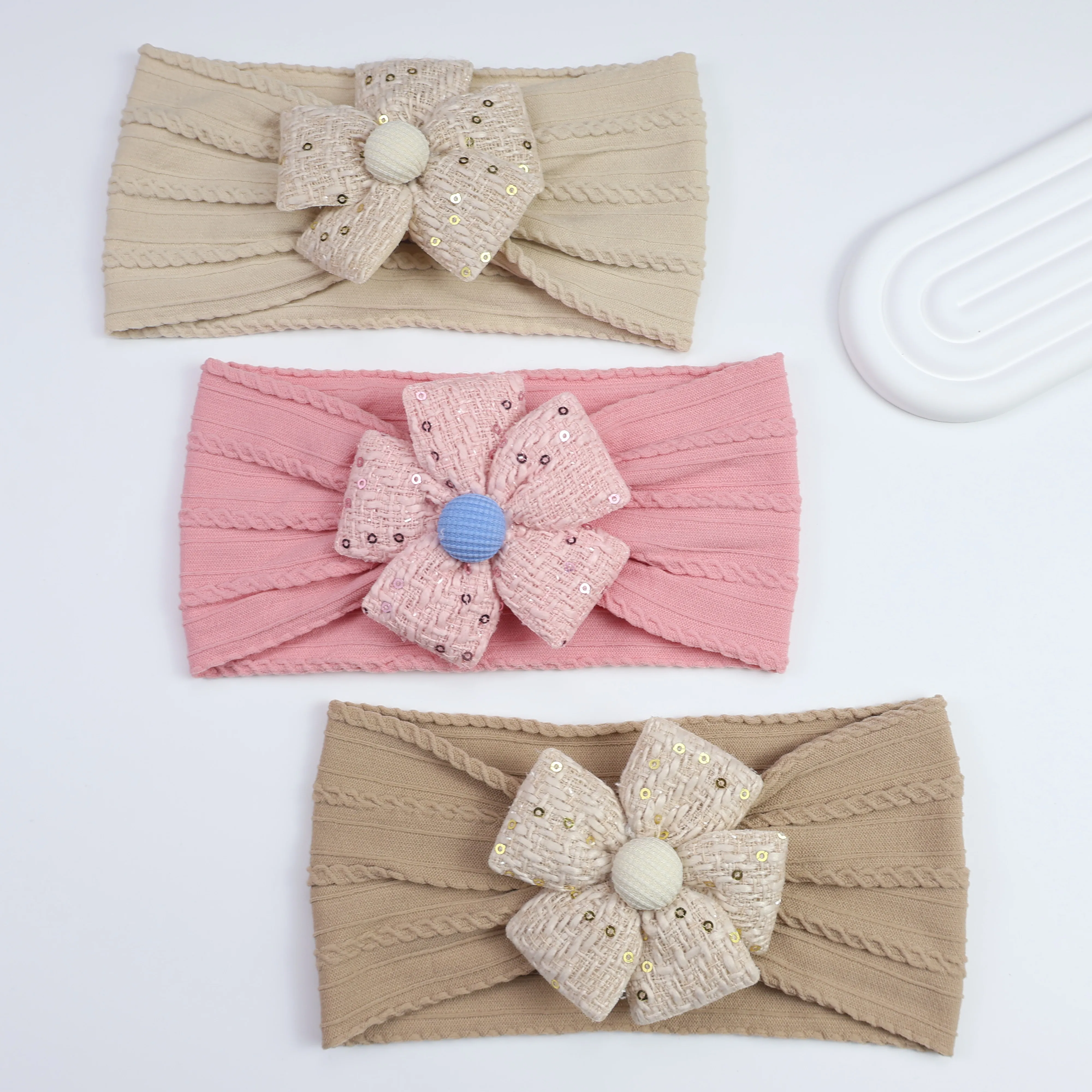 2026 New Arrival Baby Girl Flower Headband Soft Nylon Elastic Turban Sequin Tweed Bow Newborn Hairbands Toddler Hair Accessories