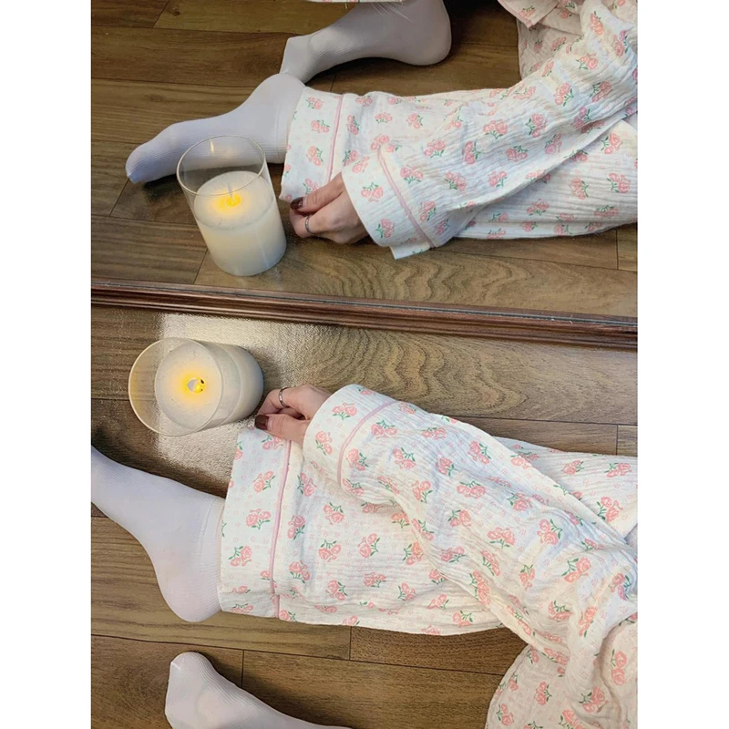 Floral Sleepwear Women Pajama Sets Korean Pants Sets for Women 2 Pieces Night Wear Autumn Turn Down Collar Casual Home Suit New