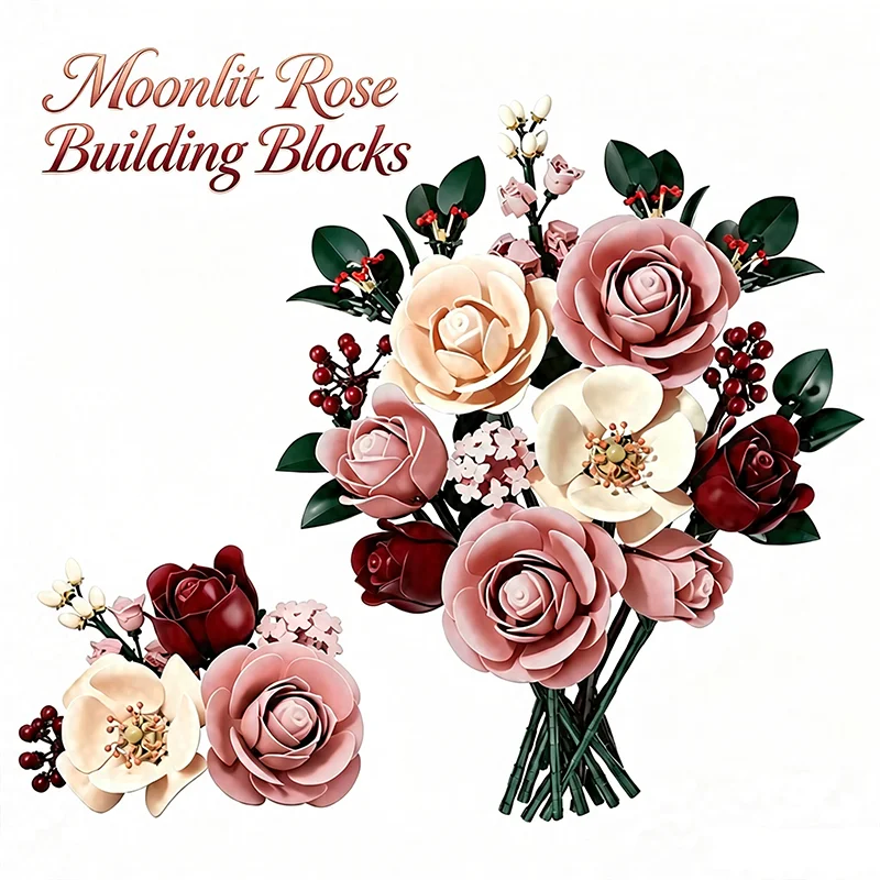 Moonlit Rose Building Blocks Bouquet DIY Assembly Brick Floral Decor, Adjustable Stem Eternal Flower Gift for Valentine
