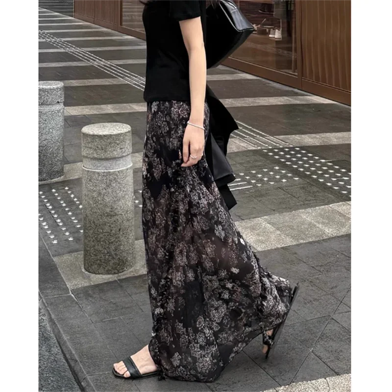 ฤดูร้อนใหม่กระโปรงชีฟองผู้หญิงแฟชั่นดอกไม้พิมพ์ Elastic High เอว Ruffles A-Line กระโปรงลําลอง Retro วันหยุดชายหาด Jupe