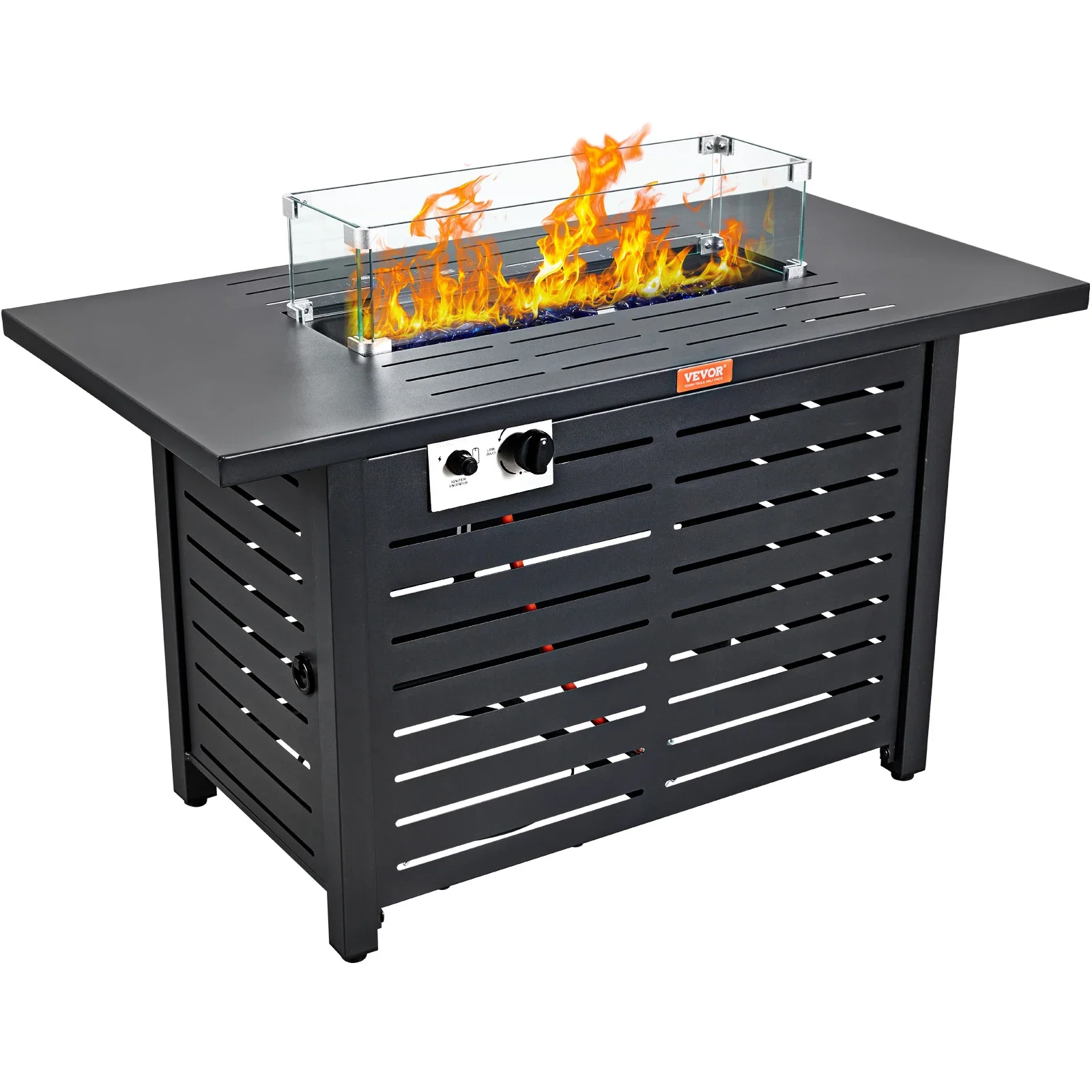 VEVOR Gas Fire Pit Table 43/54 In 50000 BTU Propane Outdoor Wicker Patio with Carbon Steel Tabletop Lava Rock Glass Wind Cover