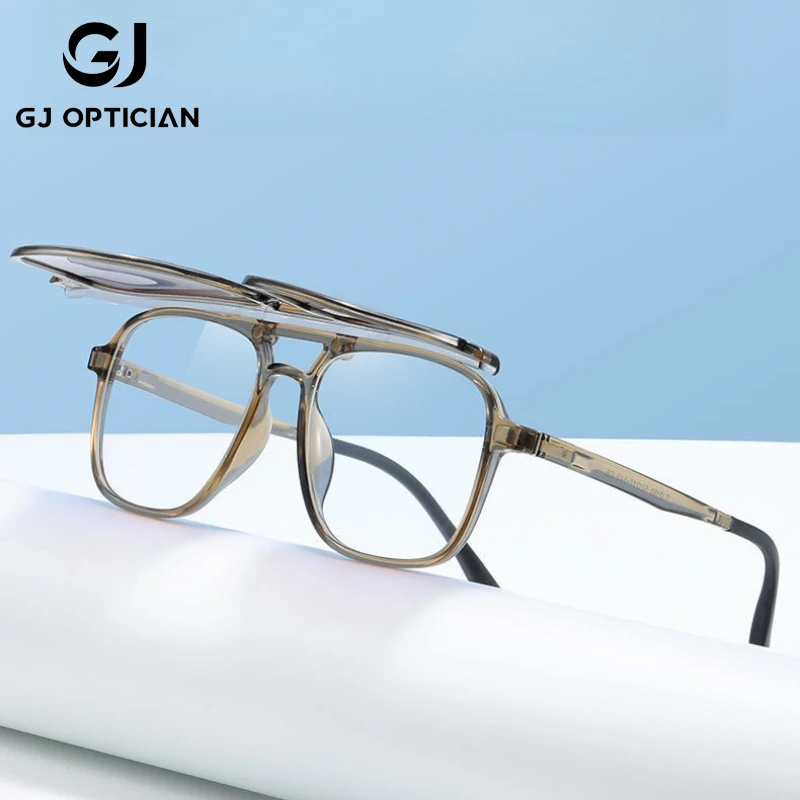 

GJ OPTICIAN Magnetic Clip Dual purpose Mirror Set Fashion Square Frame Men Anti Blue Light Reading Prescription Myopia Glasses
