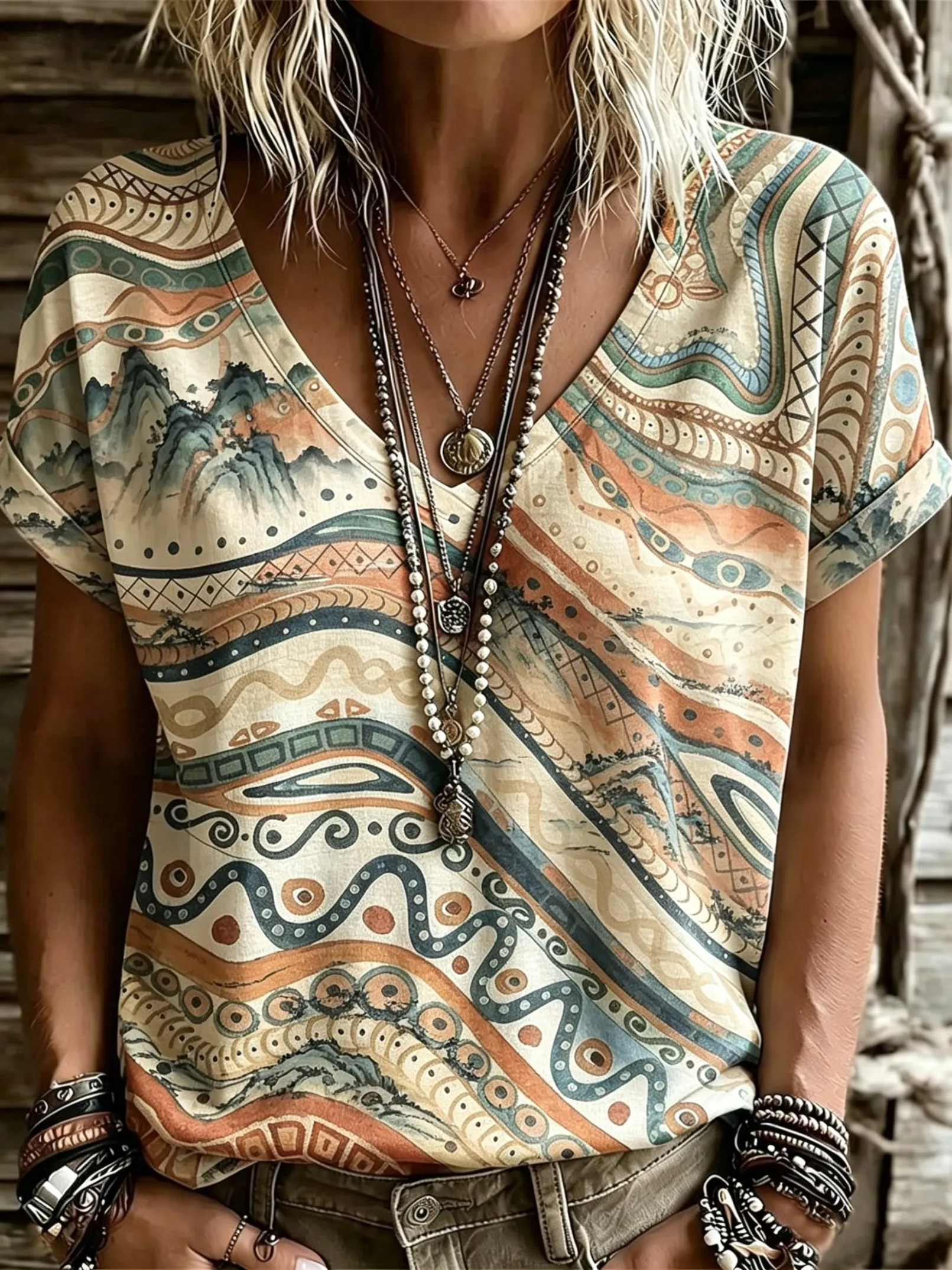 Women's V-Neck Vintage Ocean Wave Print Short Sleeve T-Shirt, Casual Tops for Spring & Summer