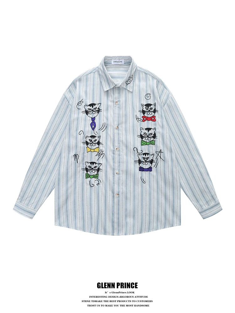 

GPstudio American Sle Fun: Мужская свободная рубашка с вышивкой и длинным рукавом, весенняя, модная, повседневная, дышащая, из полиэстера и хлопка.