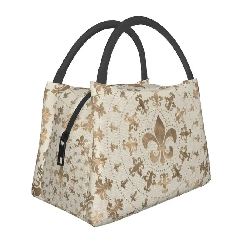 

Fleur De Lis Pastel Gold Resuable Lunch Boxes Women Leakproof Fleur-De-Lys Lily Flower Thermal Cooler Food Insulated Lunch Bag