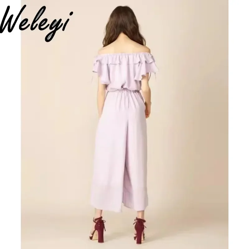 Korean Fashion Sweet Onesie Jumpsuit Autumn Kawaii High Waist Solid Color Ruffle Edge One Word Collar Rompers Womens Jumpsuits