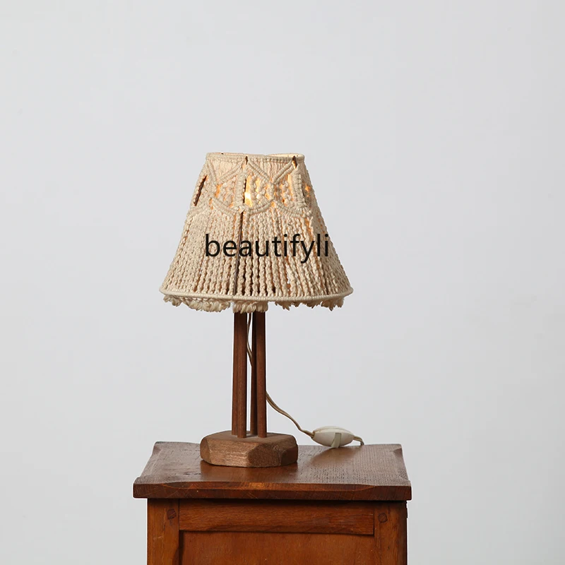 1960 Middle Ancient Handmade Table Lamp Vintage French Country Wool Woven Lampshade