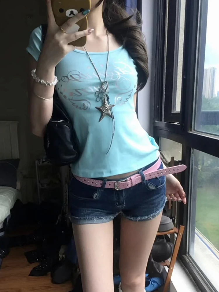 Genayooa Japanese Y2k Print T Shirt Women Short Sleeve Slim Crop Tops American Retro Graphic Tops Streetwear 2000s Fairycore Tee