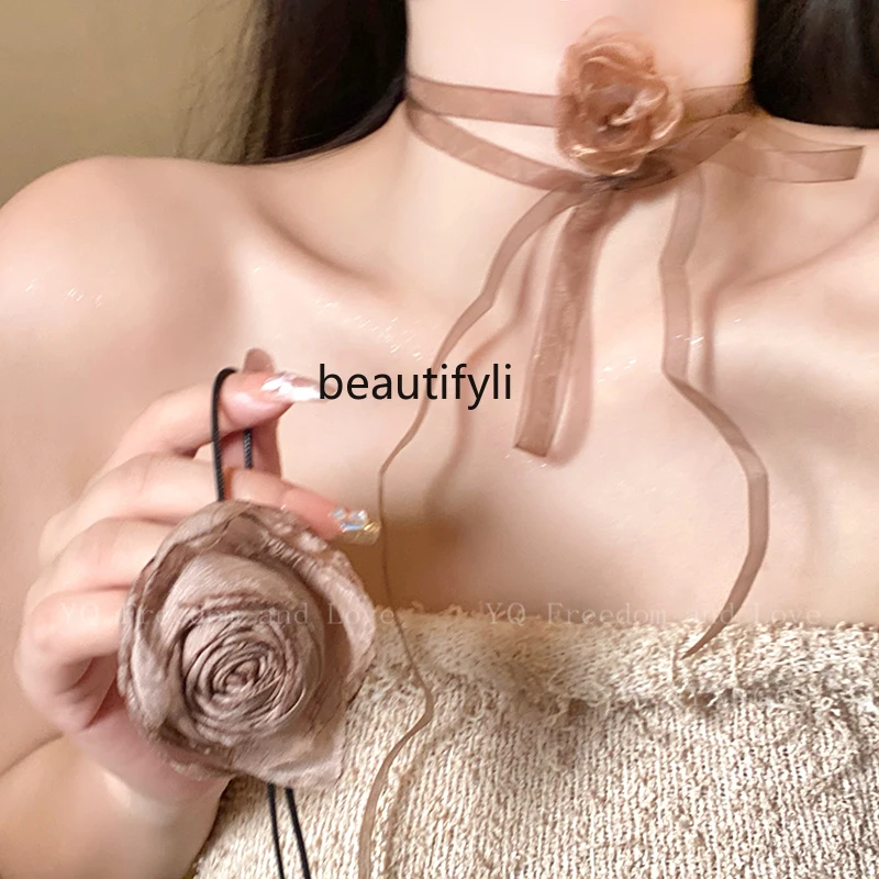 

Fairy Temperamental Camellia Choker Lace-up Necklace and Neckband Clavicle Chain Collar Neck Accessories