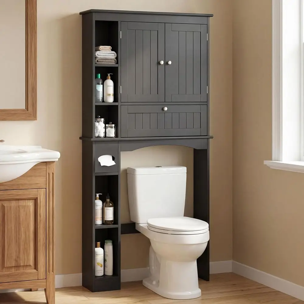 Over The Toilet Storage Cabinet, 31.5''W reestanding Space Saver with Do, Adjustable Shel & Toilet Paper Holder, Over Toilet Bat