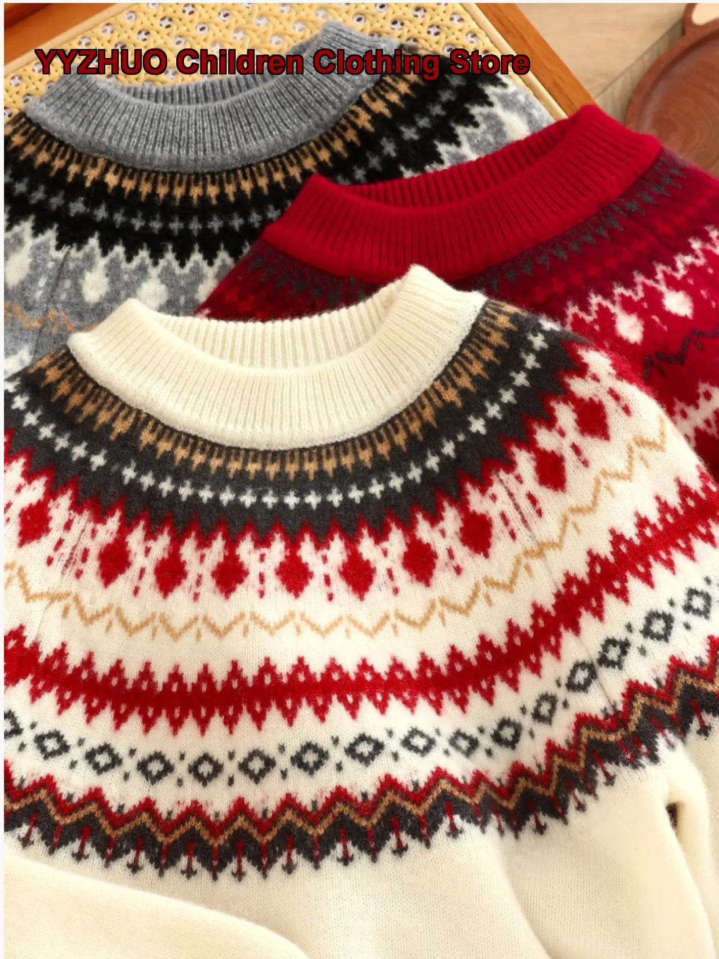 Fair Isle Series Cartoon Christmas Knit Sweater Boys Girls Color Block Toddler Kids