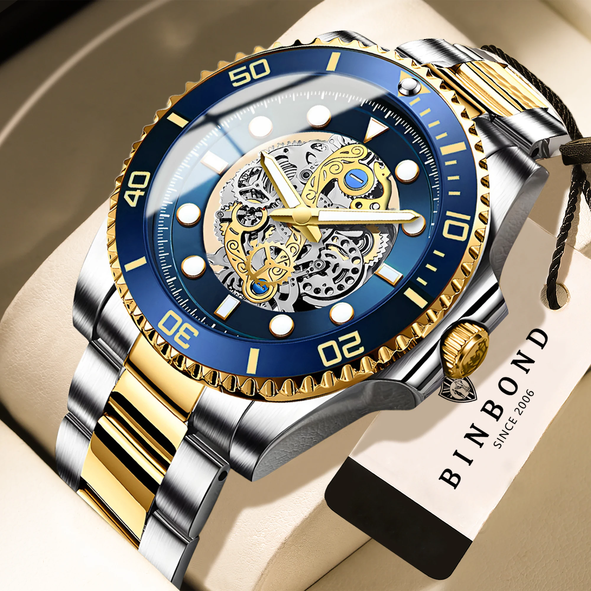 BINBOND Skeleton Waterproof Men's Watches Reloj Hombre Stainless Steel Quartz Wristwatches For Men Luxury Luminous Man Watch view 2