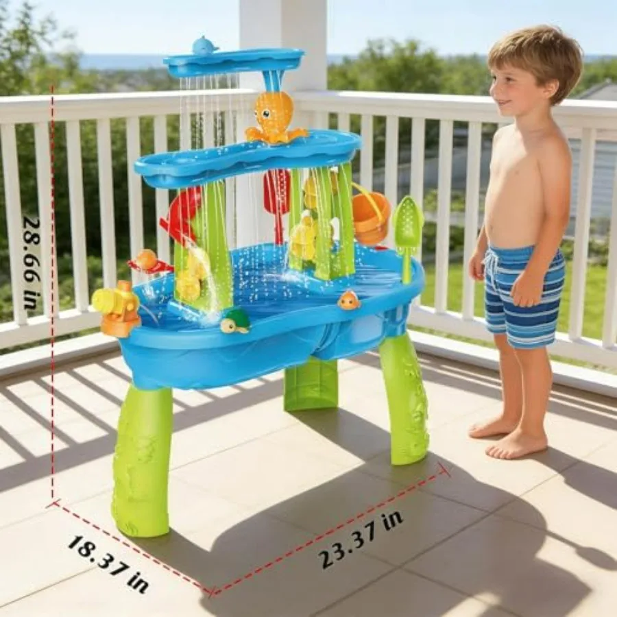 3-Tier Water Table for Toddlers with Pump, Table Cover Sand Activity Sensory Playset, Outdoor Backyard Pool Summer Toy, Blue Pl