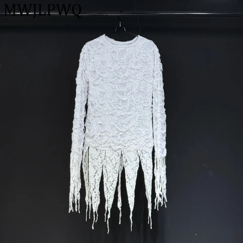 

MWJLPWQ Stylish Heavy-Duty Lace Tassel Long-Sleeve T-Shirt For Men And Women White Loose-Fitting Versatile Base Tops Chic 15268