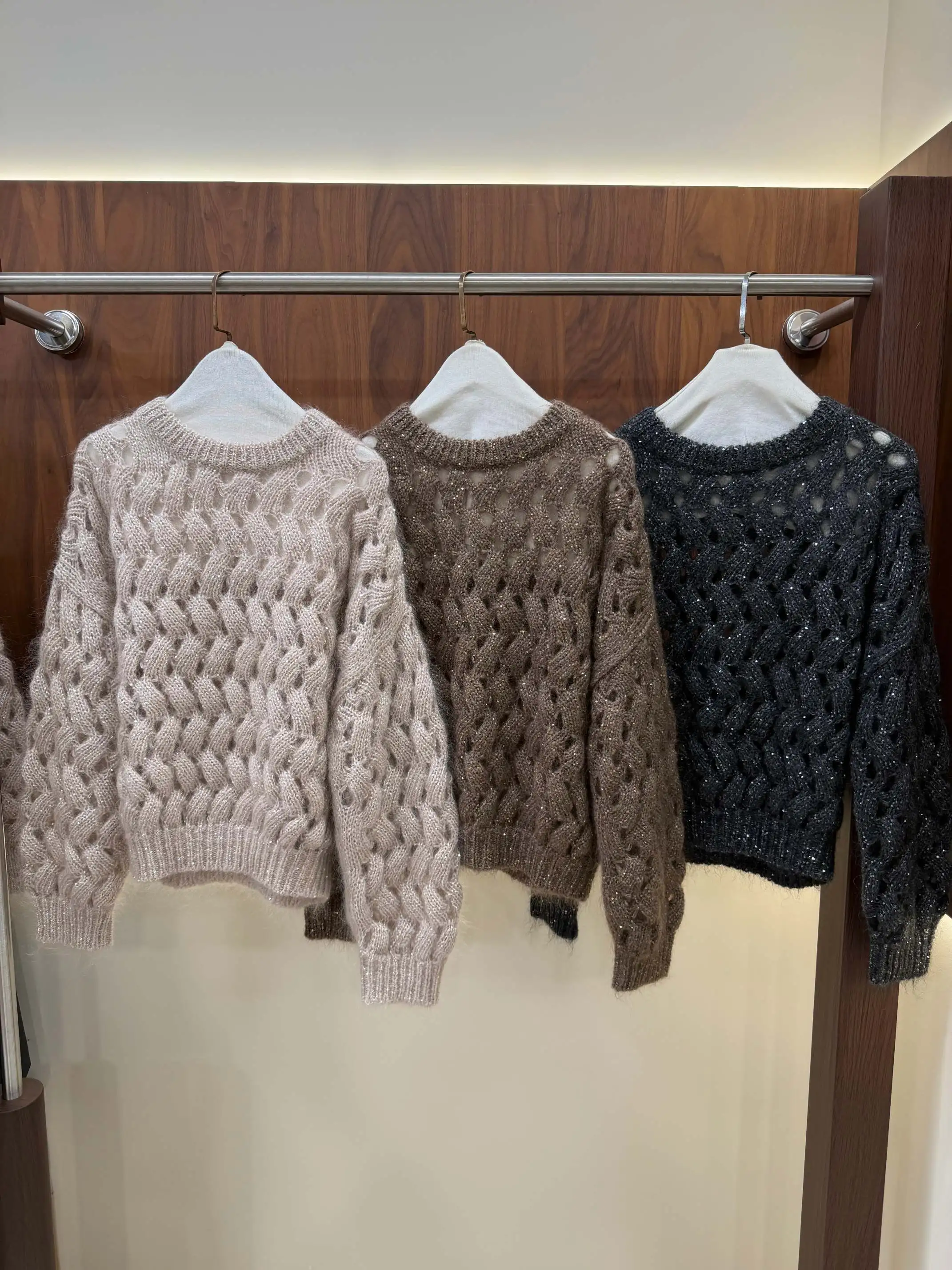 Women's Autumn/Winter Long-Sleeve Mohair Pullover with Crew Neck and Cut-Out Detail