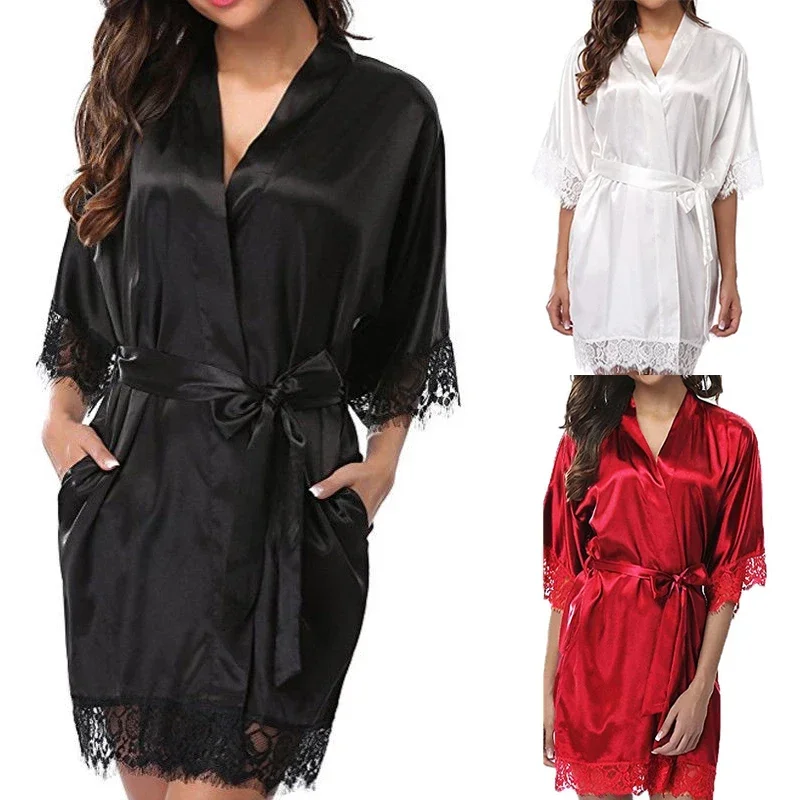 Women Iace Silk Pajamas Robes Sleepwear Nightgowns Half Sleeve Nightdress Black Lace Bathrobe Smooth Soft Comfortable Pure Color