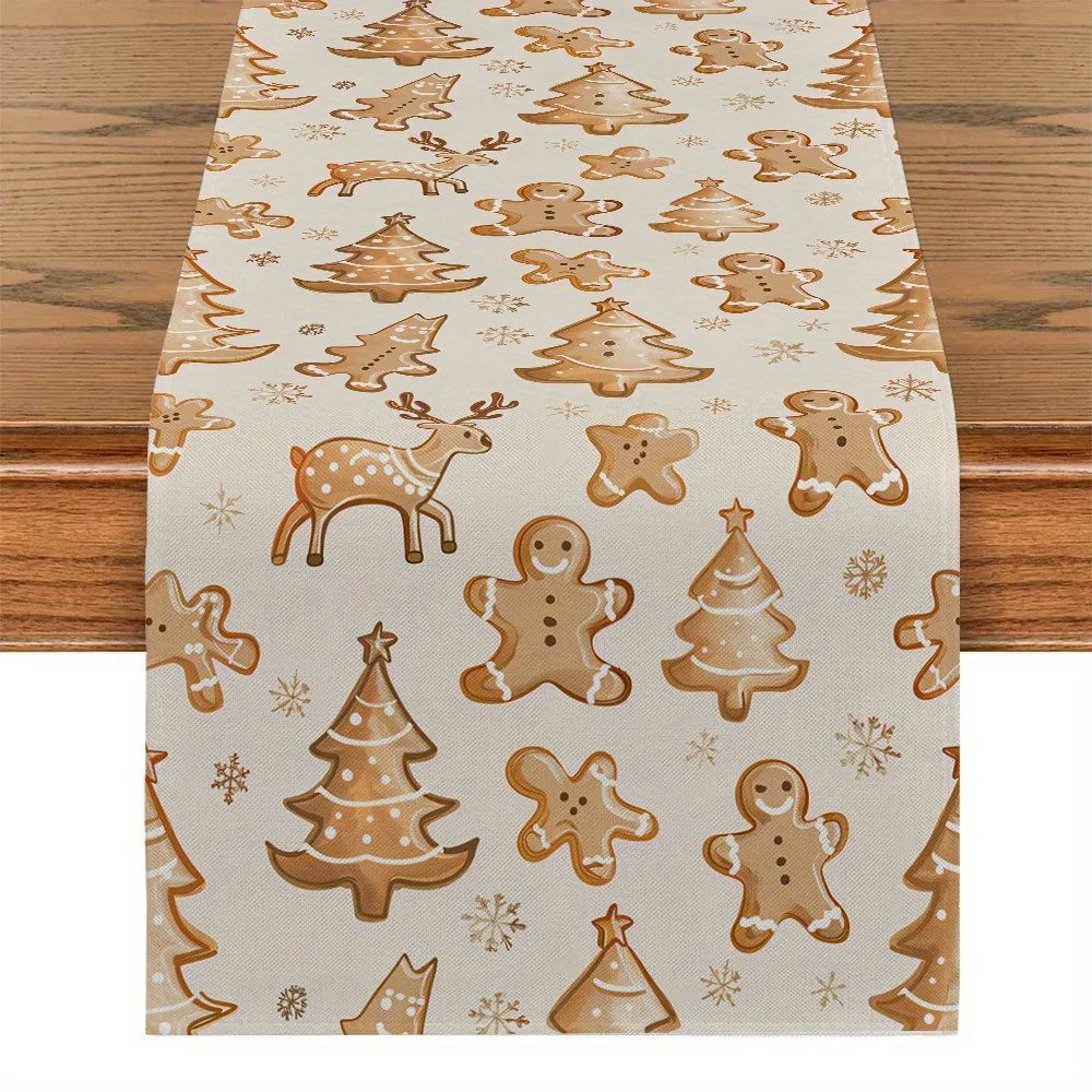 Christmas Table Runner, Cute Gingerbread Man Christmas Tree Pattern Dining Table Decor for Kitchen Party Festival Holiday