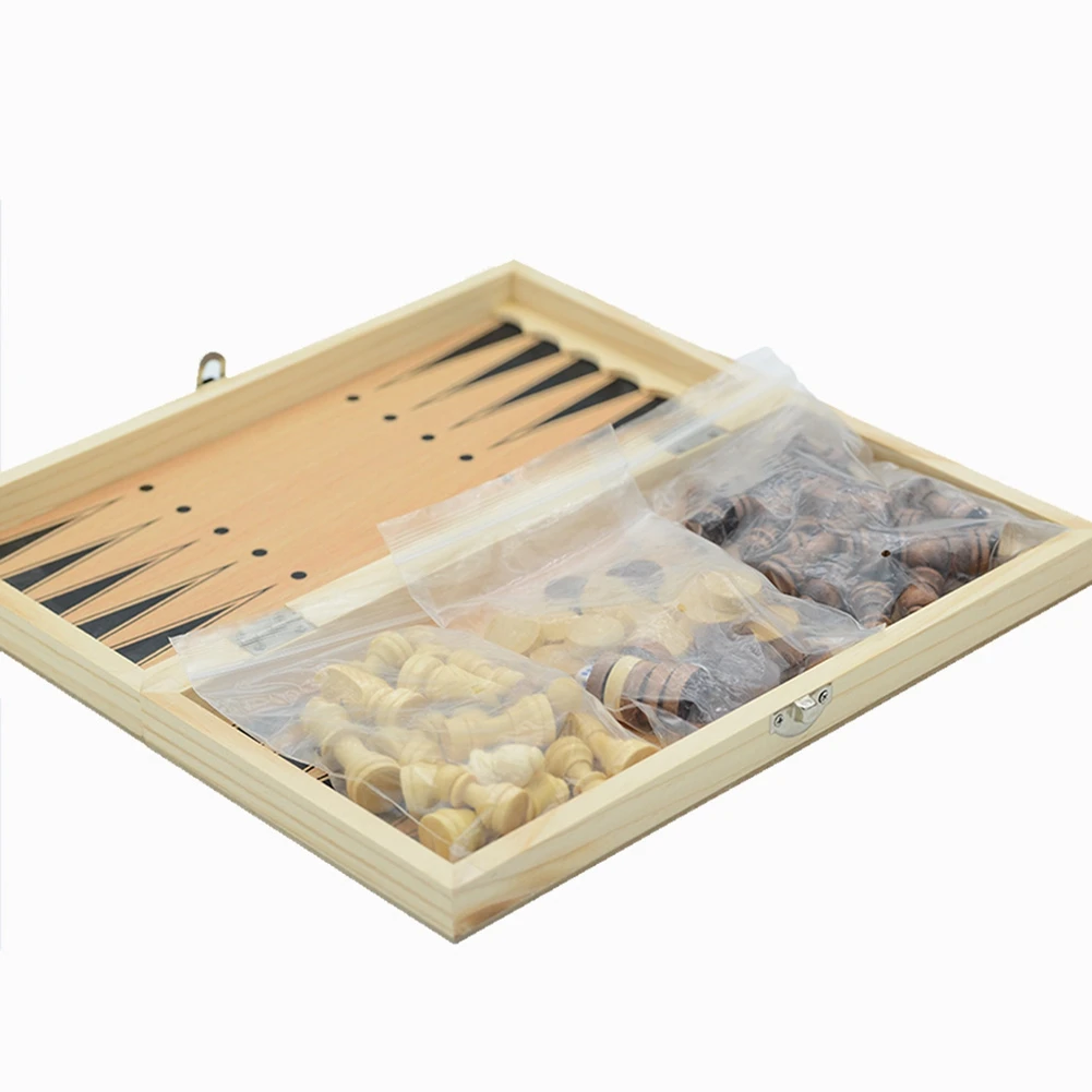 

New Wooden Foldable 3 in 1 Chess Backgammon Wooden Board Folding Board Game 29x29cm