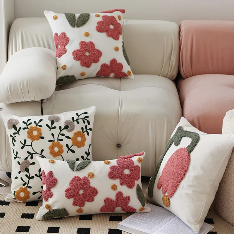 

2024 Nordic Tufted Cushion Cover Pink Flower Sofa Cushion Cover Embroidered Decorative Pillows for Sofa Home Bedside Pillowcase