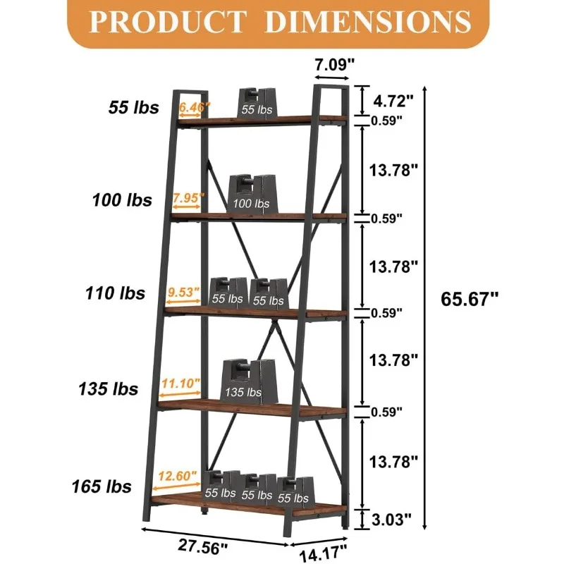 BON AUGURE Ladder Shelf Bookcase, 5-Tier Industrial Ladder Bookshelf, Tall Living Room Shelves, Wood and Metal Leaning Shelf