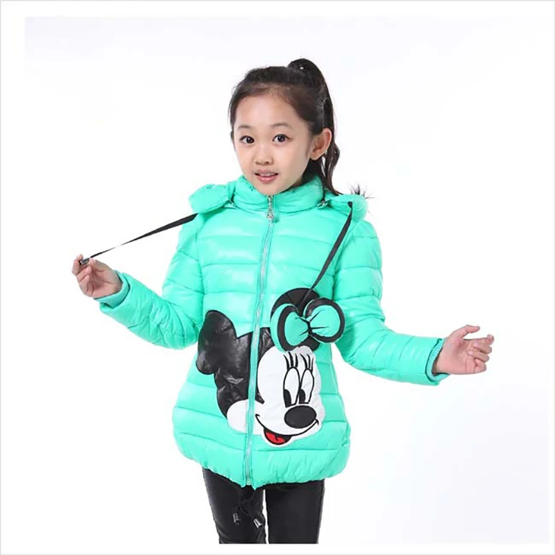 Disney Mickey Mouse Girls 2024 Winter Jacket Kids Cartoon Minnie Hooded Zipper Cotton-Padded Parka Children\'s Clothing Outerwear