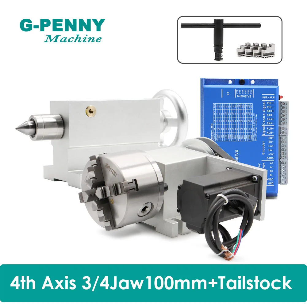 

4th Axis 3/4Jaw 100mm 2.2Nm NEMA23 57HS20N &HBS57 Closed Loop Stepper Motor Tailstock CNC Dividing Head Rotation Axis A axis Kit