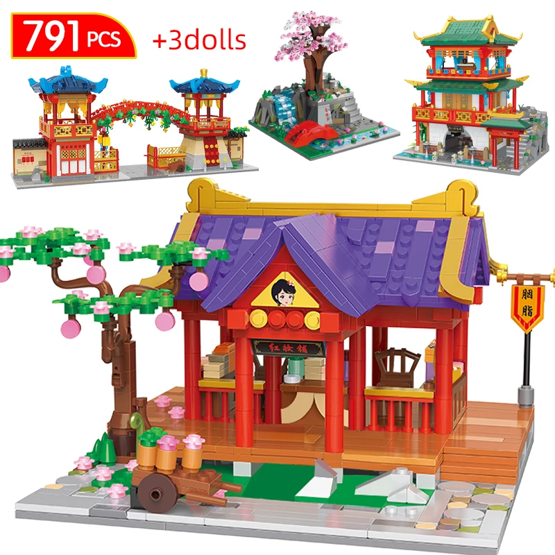 791pcs Chinese City Traditional Restaurant Shop Architecture Building Blocks Figures House Store Bricks Toys For Children Gifts