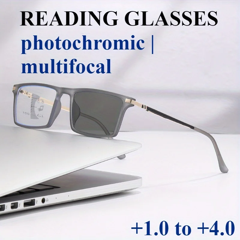 3-in-1 Photosensitive Color Changing Reading Glasses 0~+4.0 -Progressive Multi Focal Distance Dual-use, Alloy Frame, Metal Hinge