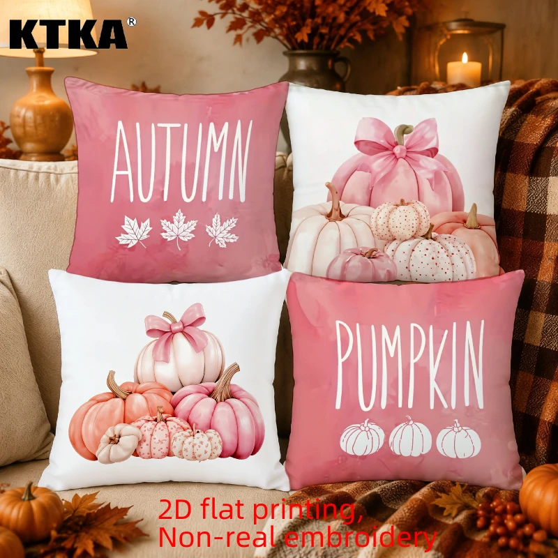 4Pcs, Pink Bow Pumpkin Throw Pillow Covers Autumn Maple Leaf Grateful Decor Cushion Covers Pastel Fall Farmhouse Sofa Couch