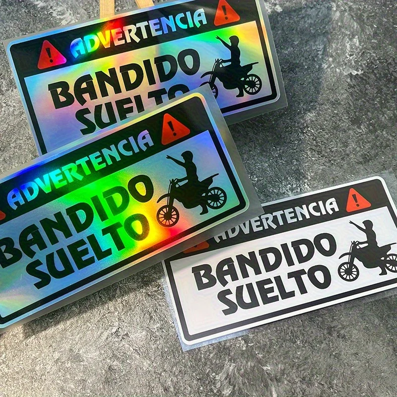 2D Flat Holographic Bandido Suelto Warning Vinyl Decal, Waterproof Scratch Cover Sticker for Car Window Motorcycle Helmet Decor