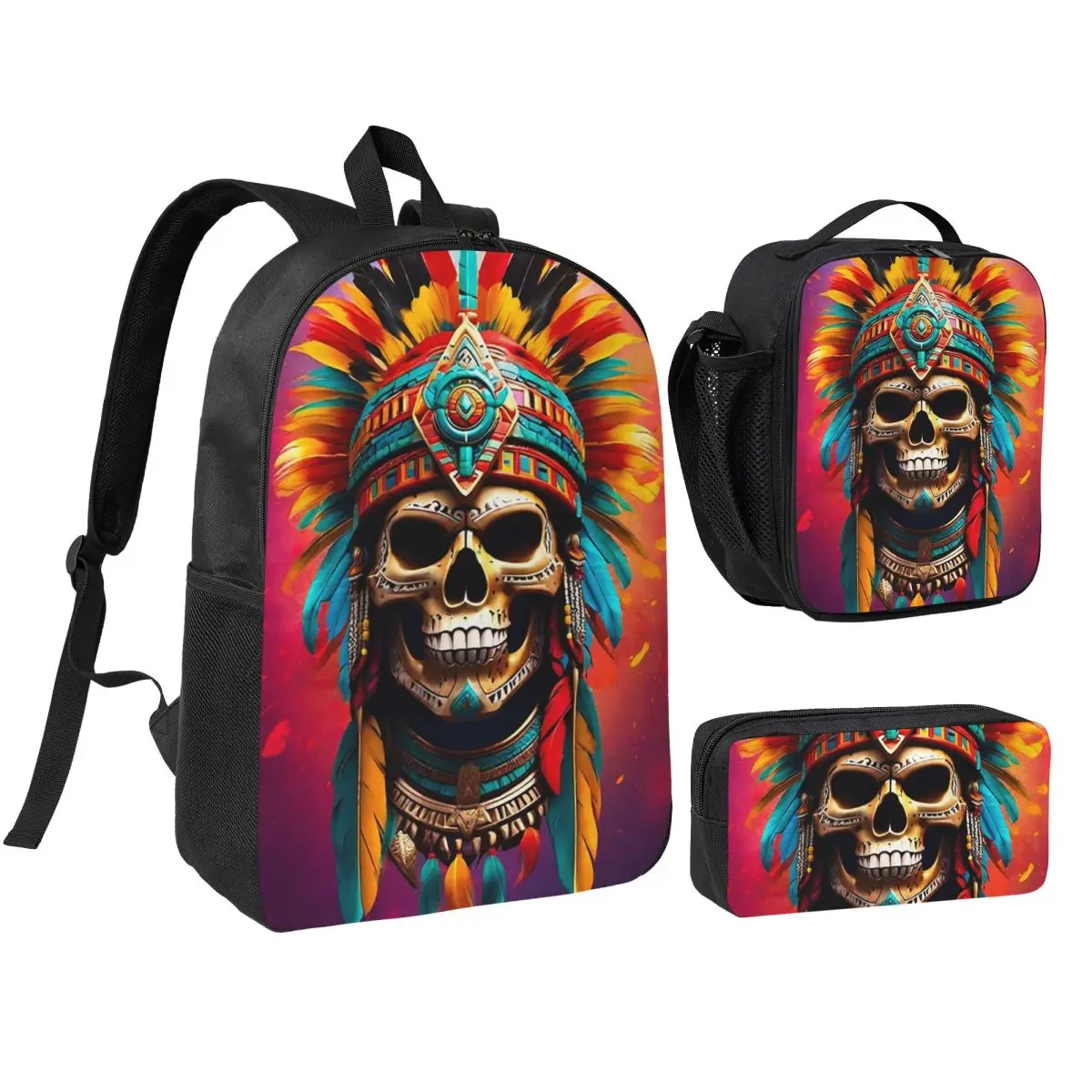 Aztec Skull7 Backpack Boys Girls BookBag School Bag Shoulder Bags 3ps Insulated Lunch Bag Pencil Case
