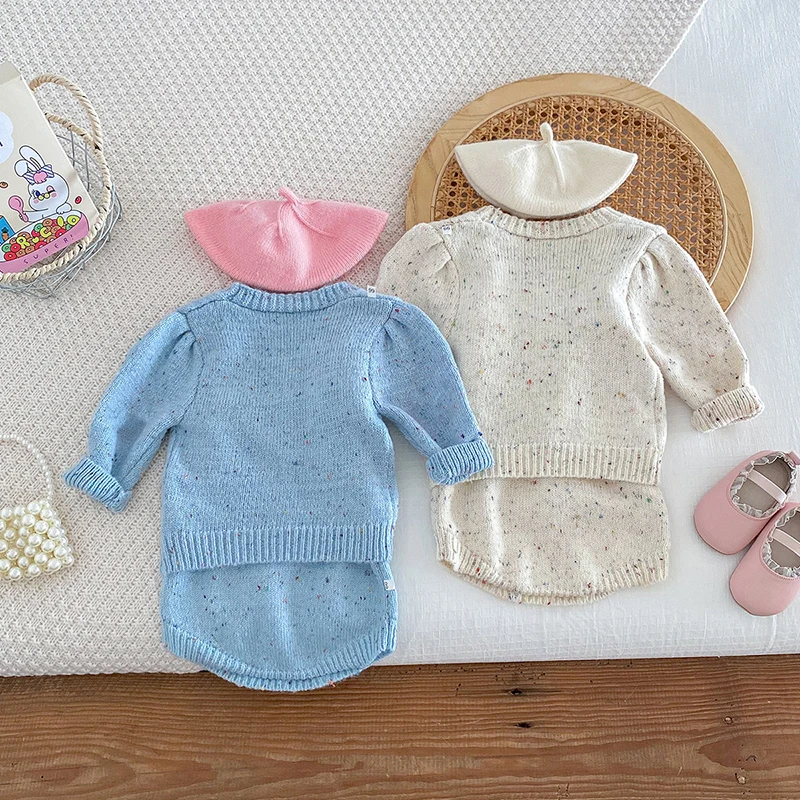 MILANCEL 2024 Autumn Baby Knitted Clothes 0-2Y Infant Girls Suspenders Bodysuit Infant One Piece Matching Heart V-Neck Sweater