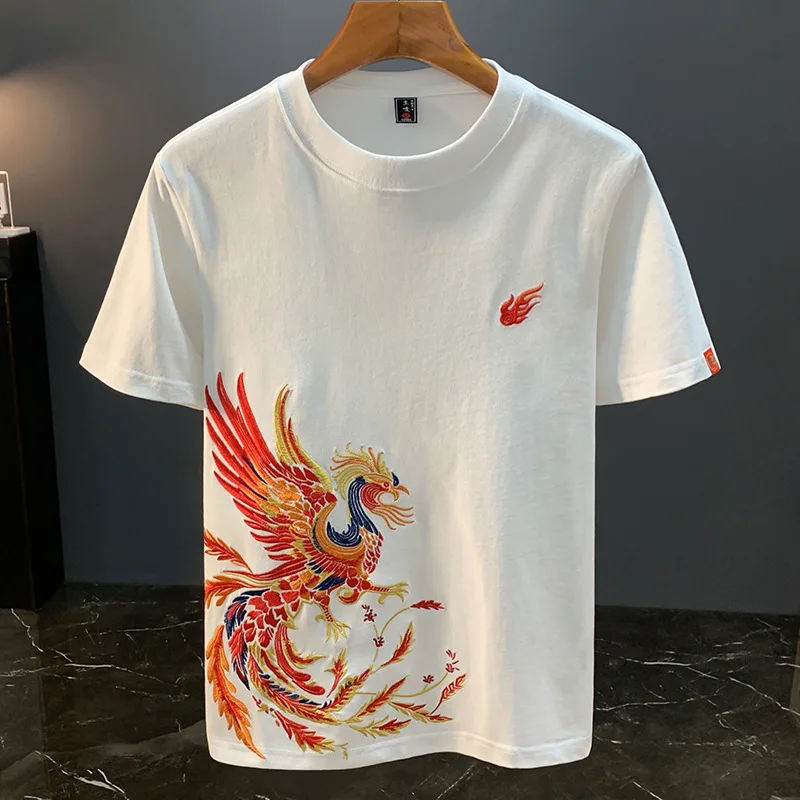 فينيكس المطرزة المطبوعة النمط الصيني تي شيرت للرجال 2025 الصيف الاتجاه العرقية موضة تنفس عادية كم قصير