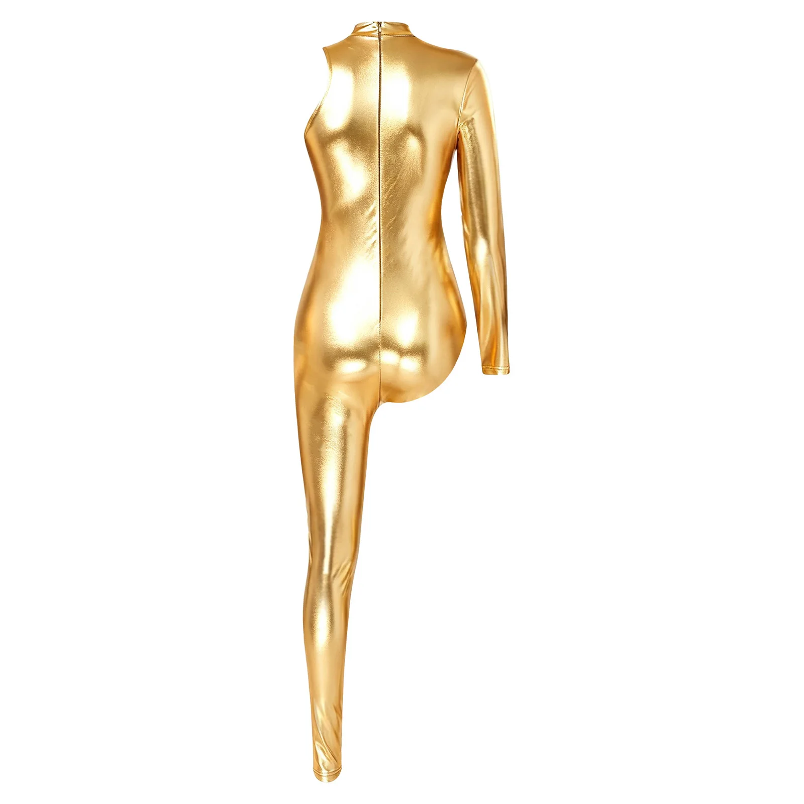 Women Metallic Disco Jazz Dance Jumpsuit Single Sleeve Mock Neck Back Zipper Shiny Bodysuit for Carnival Rave Party Clubwear