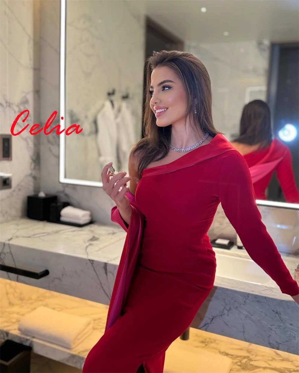 

Customized Simple Red Jersey Evening Dresses Exquisite One Shoulder Long Sleeves Celebrity Gowns Luxury Vestido De Festa