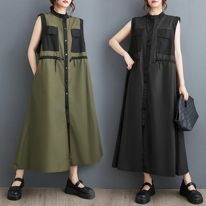 Tannt Women Dress Sleeveless Drawtherope Bandages Loose Shirts Dresses Color Matching Casual Long Summer Dresses Women 2024