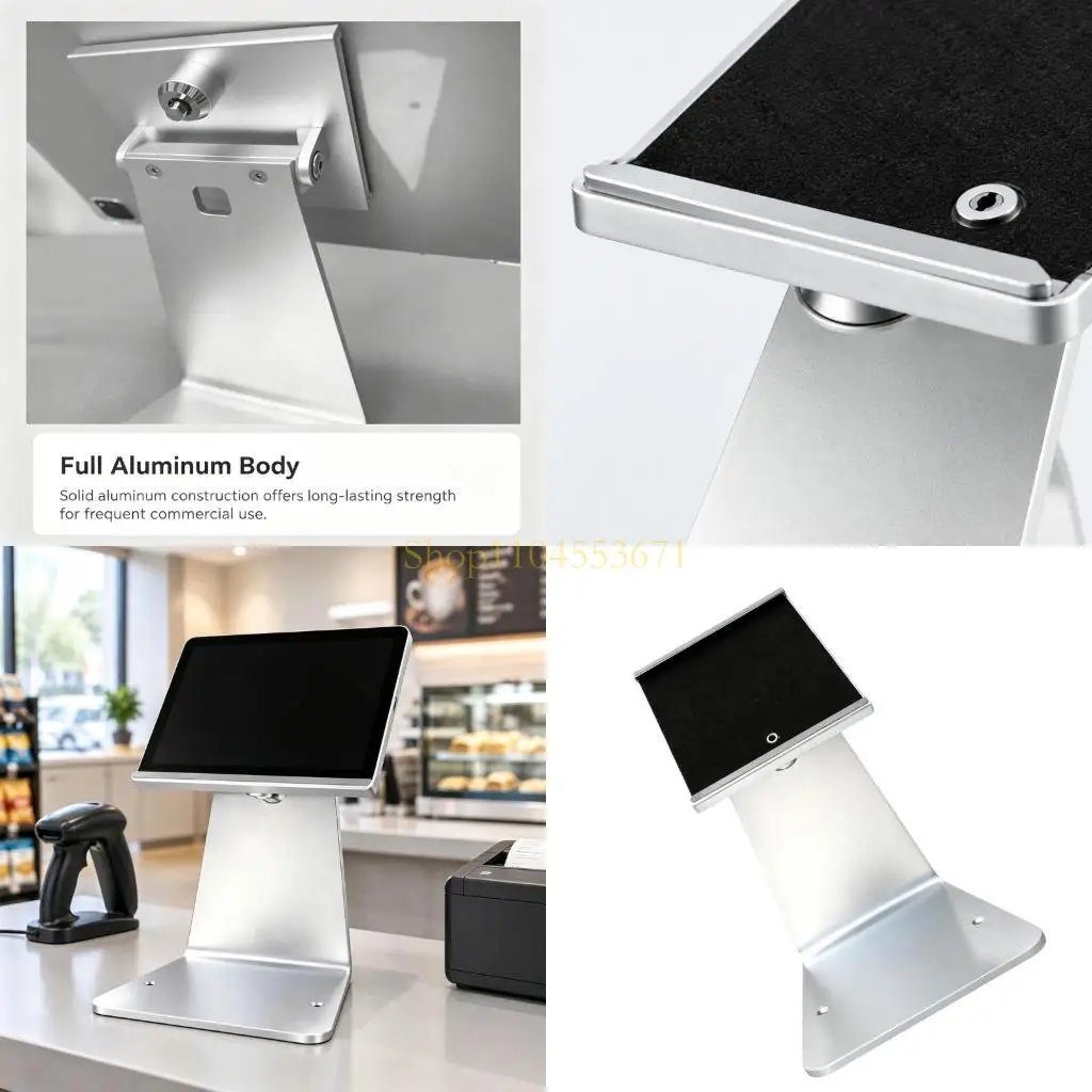 Best Seller Locking Screen Holder Stand with Aluminum Construction, Black Support Pad, and Two Base Mounting Holes for Counter
