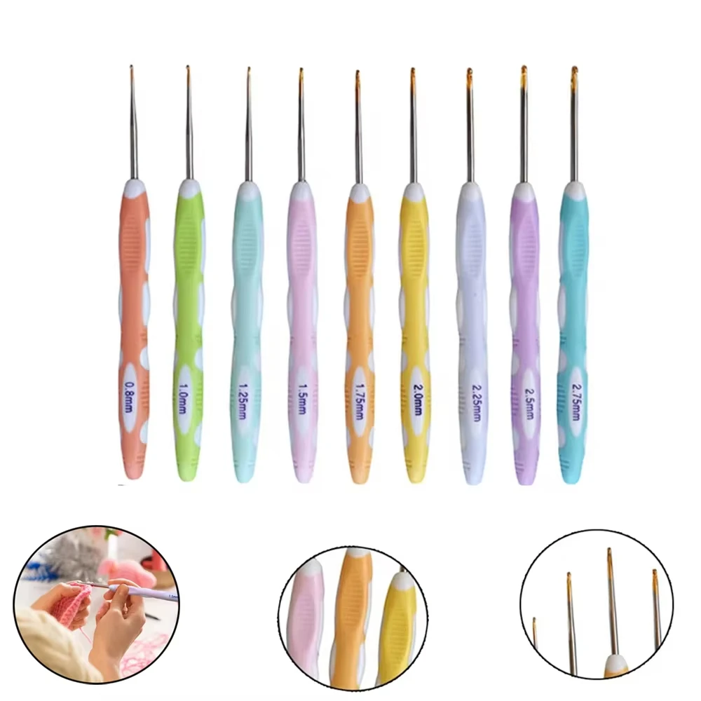 9pcs 0.8mm-2.75mm Small Size Crochet Hook Set Ergonomic Handle Crochet Hook Needles for Arthritic Hands