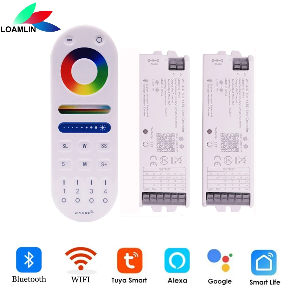 Bluetooth WIFI 5 in 1 LED Strip Controller WB5 5CH Support Tuya APP Alexa and Google Assistance Voice Control RGB+CCT Remote