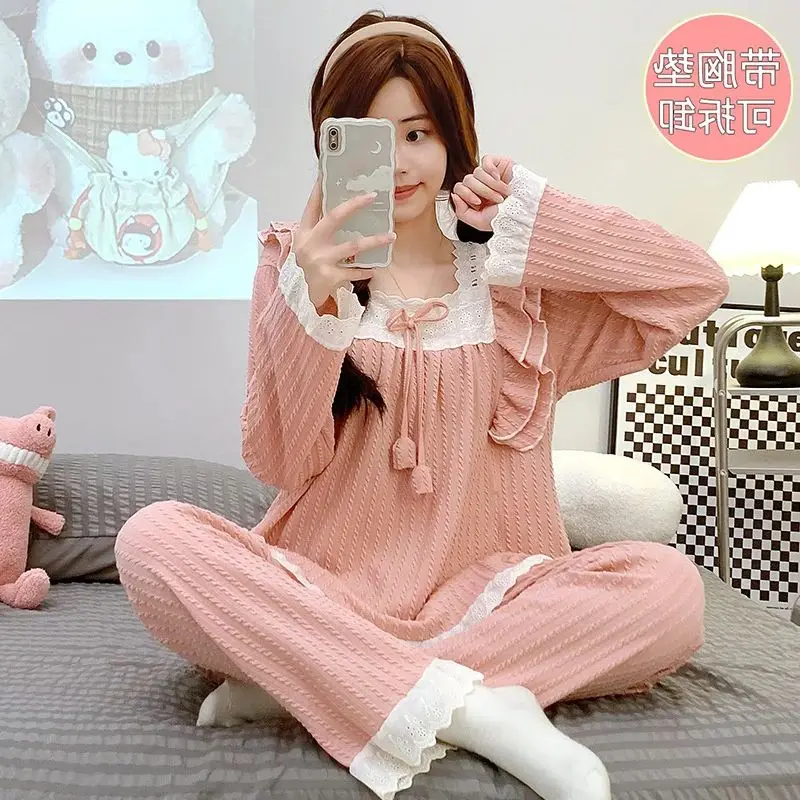 Women Princess Lace Solid Pajamas Suit Long Sleeved Two Pieces Sleepwear With Lingerie Sweet Cute Home wear Set