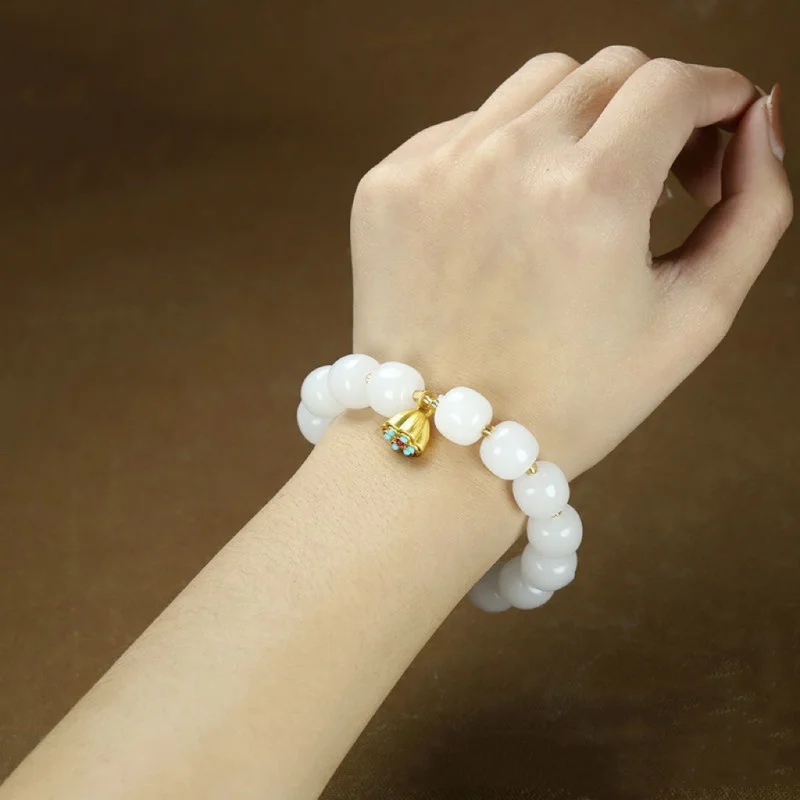 Xinjiang Jinsi Jade White Jade Old-Styled Bead Bracelet Men's and Women's Fashion Beads Simple Elegant Bracelet Hand Jewelry