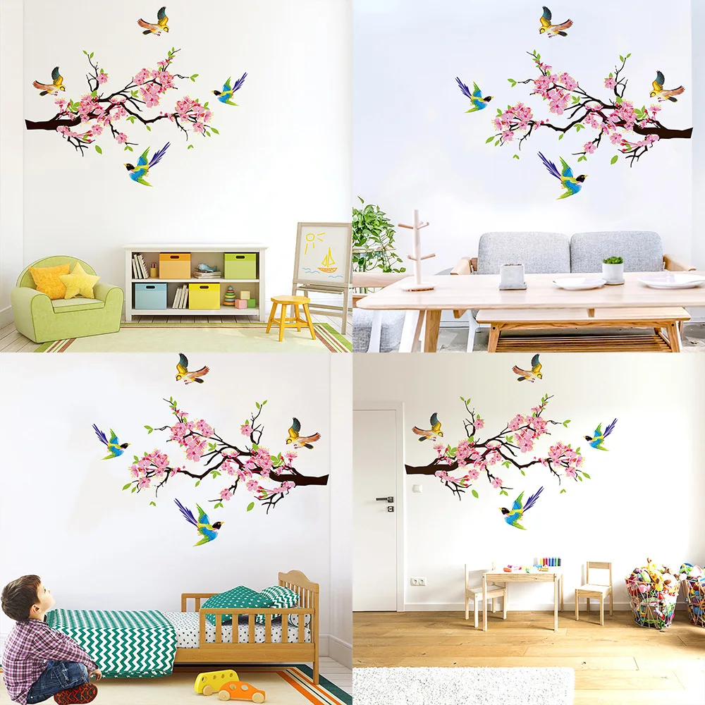 

Large Plum Blossom Wall Stickers Pink Removable birds Flower Butterfly Vinyl Art Decal Wall Home Sticker Room Decor